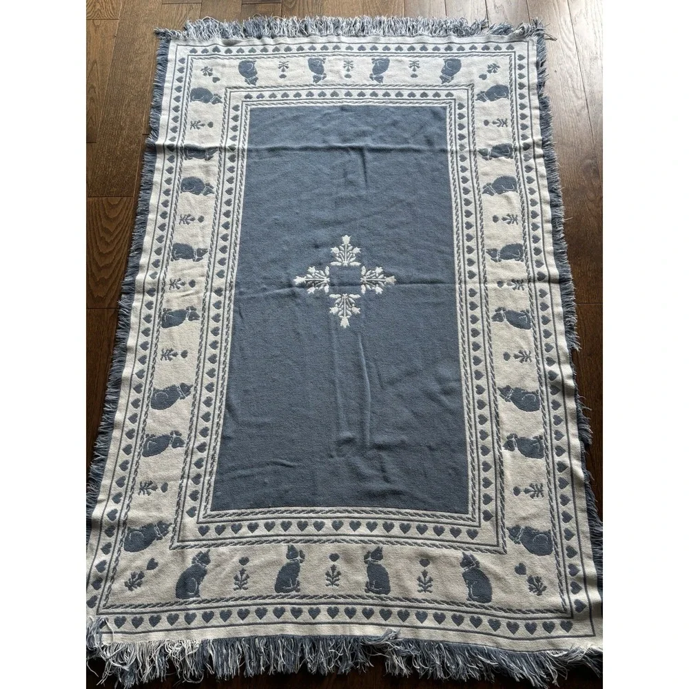 Vintage Woven Decorative Throw Blanket Blue White Cat Heart Motif 90s Grandma